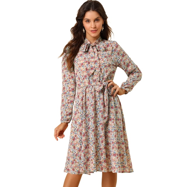 INSPIRE CHIC Robe Ceinturée à Imprimé Floral Vintage en Mousseline à Manches Longues à Col Noué pour Femme