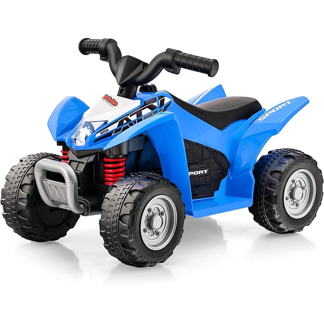 OLAKIDS Kids Ride On ATV, 6V Electric Vehicle for Toddlers in blue, featuring a 4-wheeler quad design with LED headlights, built-in music, and a horn. This battery-powered motorized quad toy car is made of durable PP and iron materials, designed for children aged 1.5 to 3 years with a maximum weight capacity of 55 lbs. The ergonomic seat and wear-resistant wheels ensure comfort and stability, while the foot pedal operation provides a realistic driving experience.