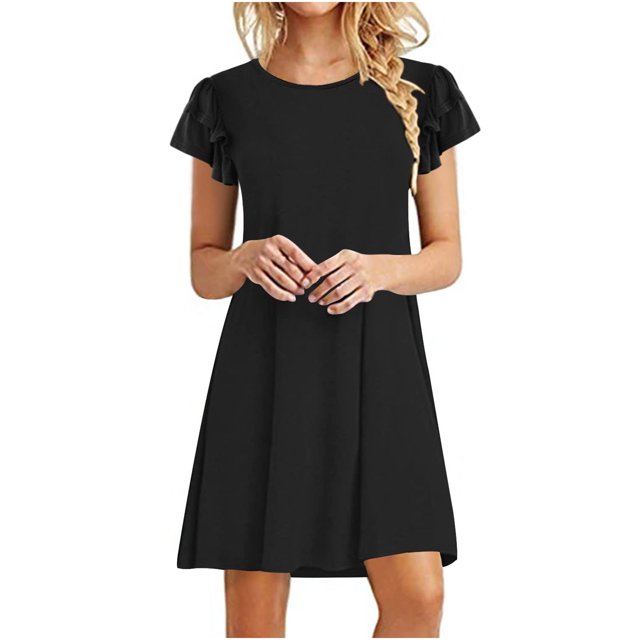 Birdeem Robes Mini pour Femmes Été Décontractées à Volants Manches Courtes Mignonnes Col Rond Robe Fluide avec Poches