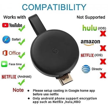 Récepteur d'Affichage Sans Fil Convertit 1080p Hdmi Wifi Adaptateur de Diffusion Multimédia Compatible Chromecast Youtube Netflix Hulu Plus Airplay Dlna Clé Tv pour Android