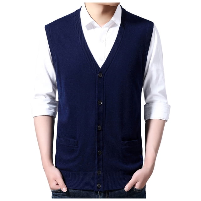Sweater Mens Thick Embroide Sweater Cardigan Mens Tan Sweater Cardigan Pattern Pullover Sweater Men Mens Ski Sweaters Pullovers Long Cardigans for Men with Pockets Sweaters Packs Thanksgiving Sweaters. A men's sleeveless sweater vest in a deep navy blue color, featuring a V-neck design, button closure, and two front pockets. Made from polyester, this medium-weight knit vest is ideal for casual autumn and winter wear. Shown worn over a white collared shirt with rolled-up sleeves, suitable for layering or business casual outfits.