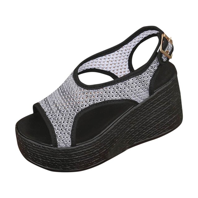 Platform Sandals Women Wedge Mesh Hollow out Adjustable Slingbackback Strap Peep Toe Wedge Sandals Black
