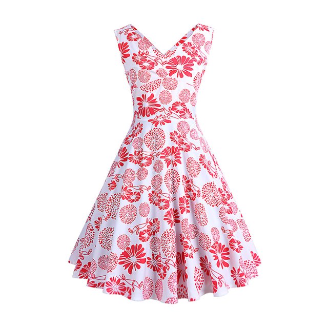 EGNMCR Robes de Soirée pour Femmes, Robes Formelles pour Femmes, Robes de Cocktail pour Femmes Sans Manches à Col en V Mi-Mollet Robe Confortable d'Été pour Femmes Sans Manches à Col en V Vintage Régulière à Imprimé Robe de Fête Robe pour Femme