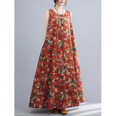 Sleeveless Vintage Floral Maxi Dress - Cotton Linen, Casual Loose Fit, Elegant Long Summer Dress for Women - 1X / Blue