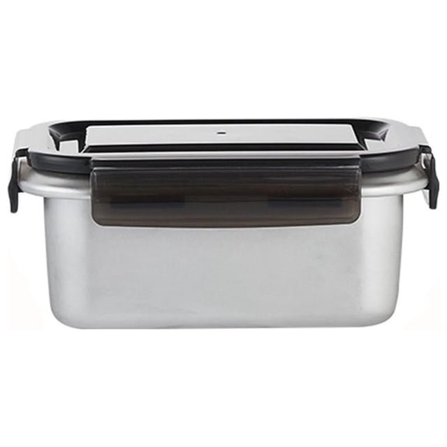 Food Storage – Stainless Steel Thermal Insulated Lunch Preservation Container for Freshness Leakproof and Durable. A silver rectangular container with a secure black lid and ergonomic side clips, available in 600ml, 1400ml, and 2800ml capacities. Designed for temperature retention and leakproof storage, suitable for home, work, school, or travel.