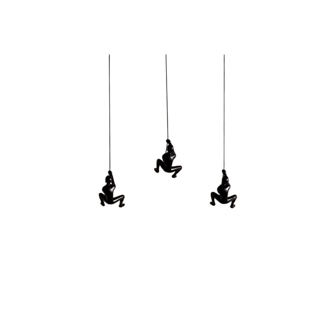 CLIMBING MAN 5 PACK BLACK with three black resin 3-D wall sculptures of climbers hanging by leather ropes on a white background, designed as indoor decorative wall art with included hanging hardware and instructions, often used to add a unique sculptural accent to home interiors.