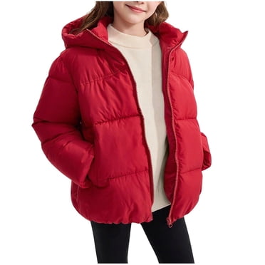 hoksml Girls Solid Color Zipper Down Thick Coat Casual Bread Jacket Relaxed Fit Winter Hooded Warm Puffer Jacket with Pockets