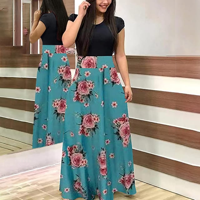 Weiqiqre Robes de Cocktail pour Femmes, Robes Longues à Imprimé Floral Coloré Teinture sur Nœuds pour Femmes, Robe Maxi Décontractée de Plage