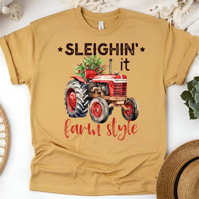 Sleighin’ It Farm Style Shirt | Red Tractor Country Christmas Tee, Gold, Size L