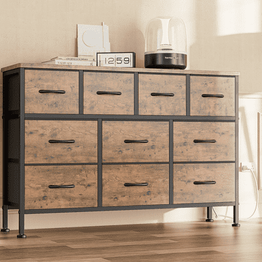 GIKPAL Commode Meuble Télé, Commode 10 Tiroirs pour Chambre avec Prise de Courant, Commode pour Télé de 55 Pouces, Commode en Tissu pour Rangement et Organisation, Brun