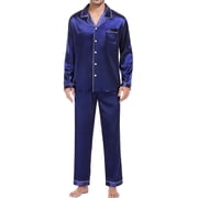 BKQCNKM Mens Pajamas Set Lounge Sets for Men's Casual Pyjamas Long Sleeve Blouse Button Silk Satin Two Sleepwear Suit Pant Pyjama Plus Size Pajamas Blue M(Dad)