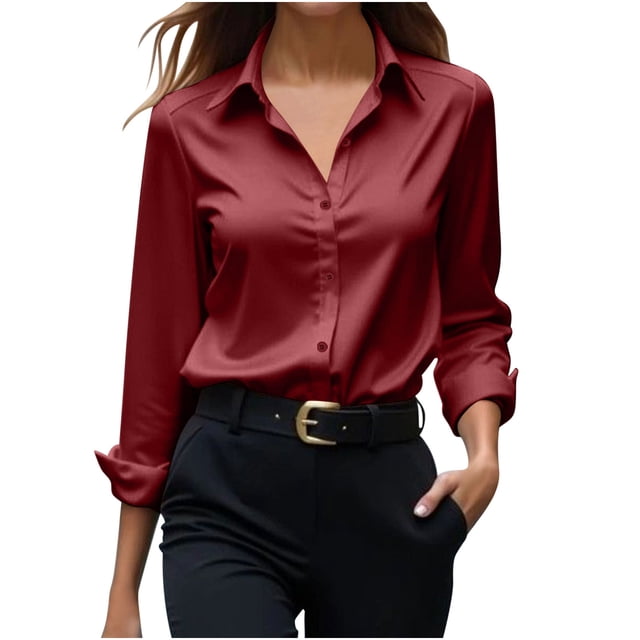 Yanlir Chemisier Haut à Revers en Satin Uni pour Femme, Printemps Automne, Col Rond, Mode Décontractée, Blouse à Boutons, Chemise Confortable pour le Bureau, le Travail, le Port Quotidien (Rouge, G)