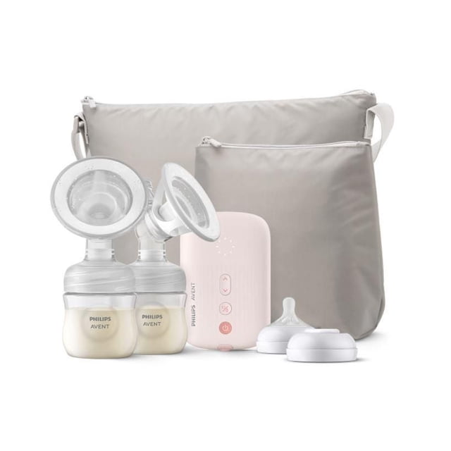 Philips Avent Double Electric Breast Pump with Natural Motion technology, SCF393/82, includes two clear silicone breast shields with soft cushions attached to milk collection bottles, a pale pink compact control unit with power and adjustment buttons, two white bottle lids, and two beige zippered travel bags for portable breastfeeding support.