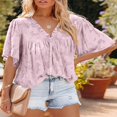 thumbnail image 2 of Womens Bell Sleeve Blouse Crewneck Lace Tops Floral Textured Babydoll Shirts, 2 of 3