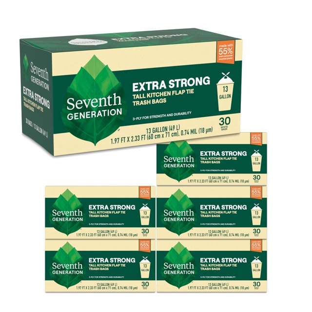 Seventh Generation Sacs à Déchets de Cuisine Hauts Extra Résistants 13 Gallons Lot de 6 30 Unités