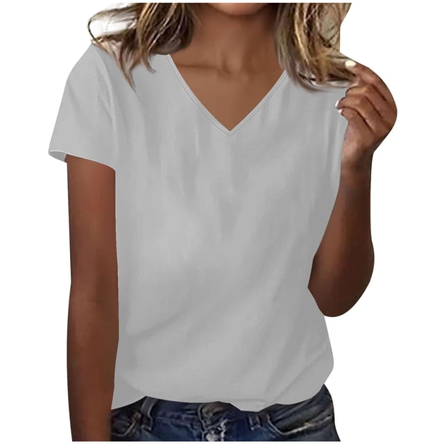 Besolor Summer Short Sleeve Shirts for Women Casual V Neck Solid Color Basic Tees Ladies Going out Tops