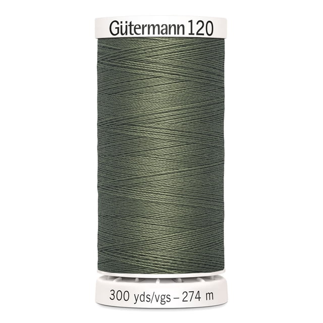 Gutermann 120 100% polyester all purpose thread spool in dark green tightly wound on a white plastic spool labeled with 300 yards (274 meters), suitable for machine and hand sewing woven, knit, and synthetic fabrics, also ideal for craft and mending projects.
