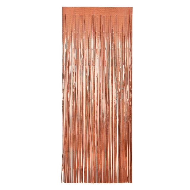 Rose Gold laser fringe door decoration with metallic foil strands hanging from a rose gold header, measuring over 93 inches high and 34.8 inches wide, ideal for birthday parties, bridal showers, and photo booth backdrops.