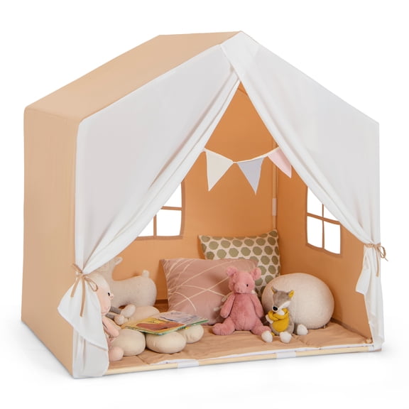 Costway Tente de Jeu pour Enfant Maisonnette pour Tout-Petit Château Cadre en Bois Massif avec Tapis Lavable Orange
