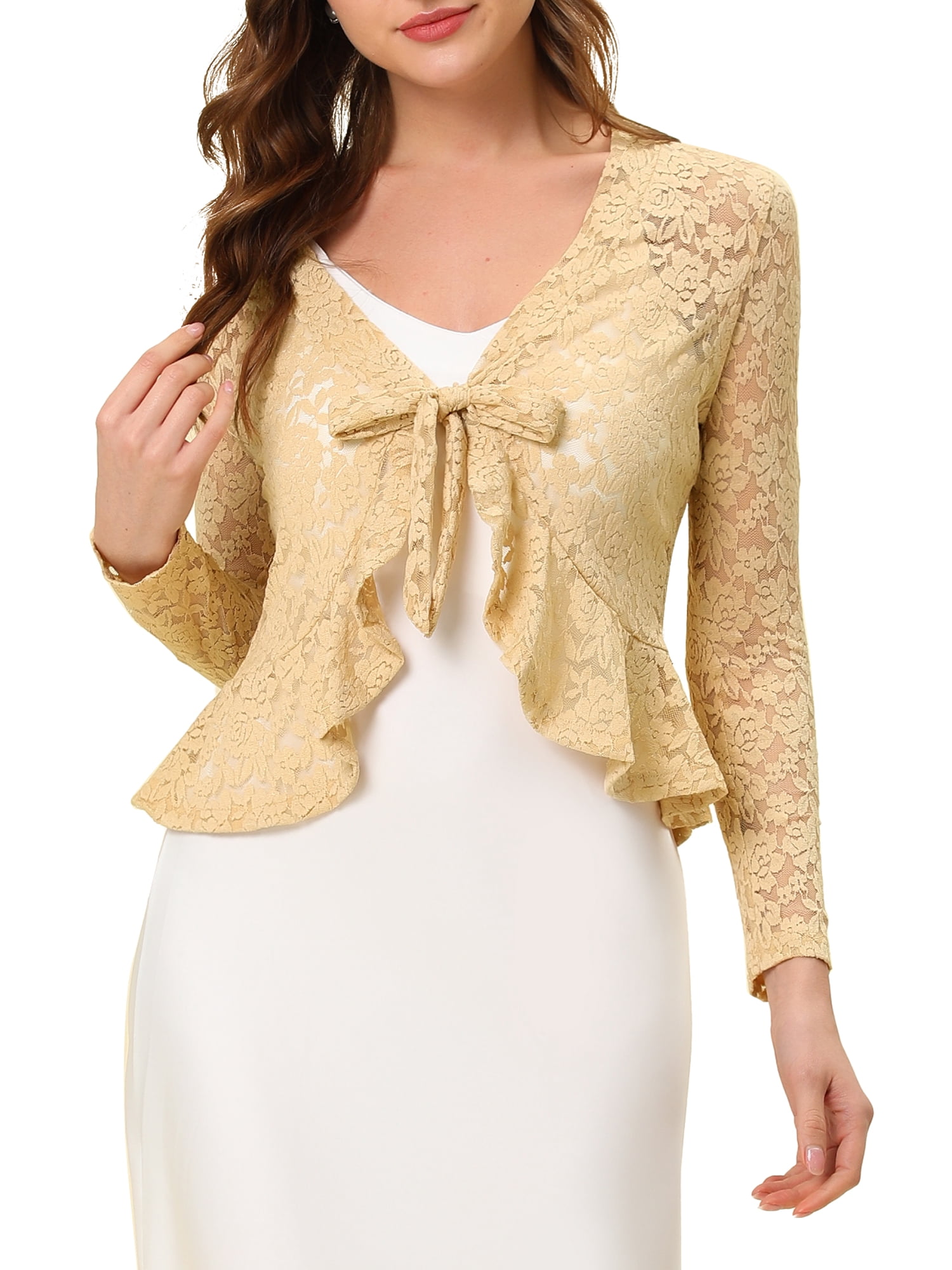 INSPIRE CHIC Women's Floral Lace Cardigans Tie Front Ruffled Hem Sheer Crop Bolero Shrug XL Beige