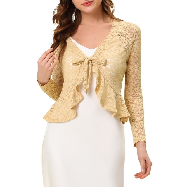 INSPIRE CHIC Women's Floral Lace Cardigans Tie Front Ruffled Hem Sheer Cropped Shrug Top L Beige