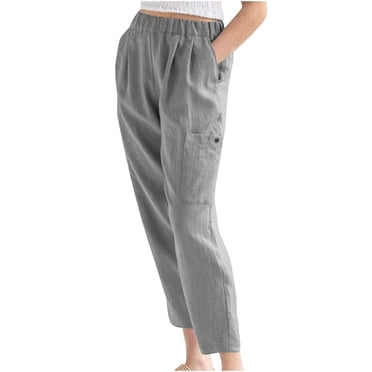 Wide Leg Pants Woman Summer Pants Casual Solid Color Elastic Waist Linen Pockets Pants Work Pants Women Gray M
