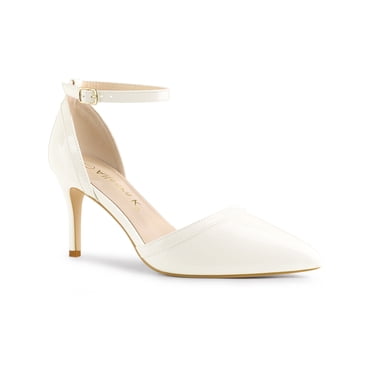 BLISSFUL STEP Women's Pointy Toe Ankle Strap Stiletto Heels Pumps White 11
