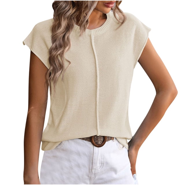 AherBiu Hauts en Tricot pour Femmes à Manches Cap, Blouse Chic Décontractée à Col Ras du Cou, Chandail Ample, Haut Uni