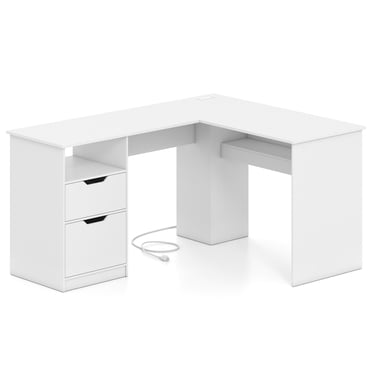 Gymax Corner Home Office Desk Wooden Computer Desk for Working Gaming Writing Rustic White