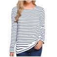 thumbnail image 2 of Jienlioq Hauts Grande Taille pour Femmes Mode Décontractée Couleur Unie Imprimée Col en V Manches Longues Blouses Rayées Décontractées T-Shirt Col Rond, 2 of 4