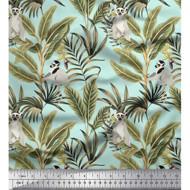 Soimoi Modal Satin Fabric Leaves & Lemur Animal Decor Fabric Printed Yard 42 Inch Wide