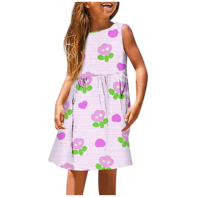 PMVFHDE Robe pour Filles pour l'Été, une Robe Rose Sans Manches à Imprimé floral avec Encolure Ronde, Fabriquée en polyester durable. Parfaite pour les occasions de Printemps et d'Été comme les Fêtes, les Vacances Ou les Activités de Plein Air. Légère et Décontractée, Convient aux Filles de 8-9 Ans, Idéale comme Robe de Fête Ou de Congé.