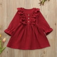 thumbnail image 2 of Splozh Fall Long Sleeve Dress Toddler Kids Baby Girl Solid Linen Button Ruffle Party Dress Clothes Red,5-6 Years, 2 of 5