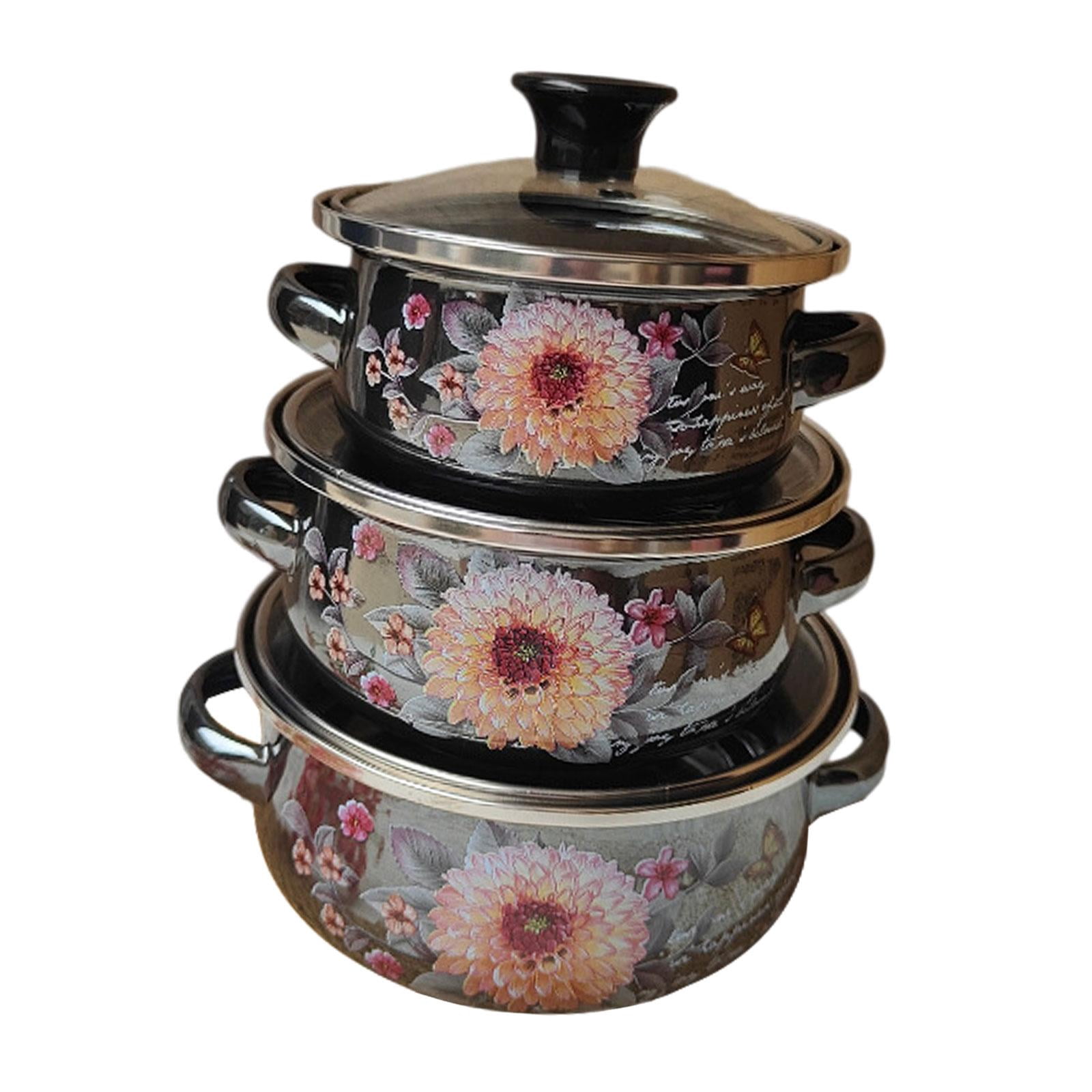 Tnarru 3 Pieces Enamel Stockpots Set with Handles Cookware Lightweight Kitchen with Lids Mini Cooking Pots Set for Buffet Restaurant