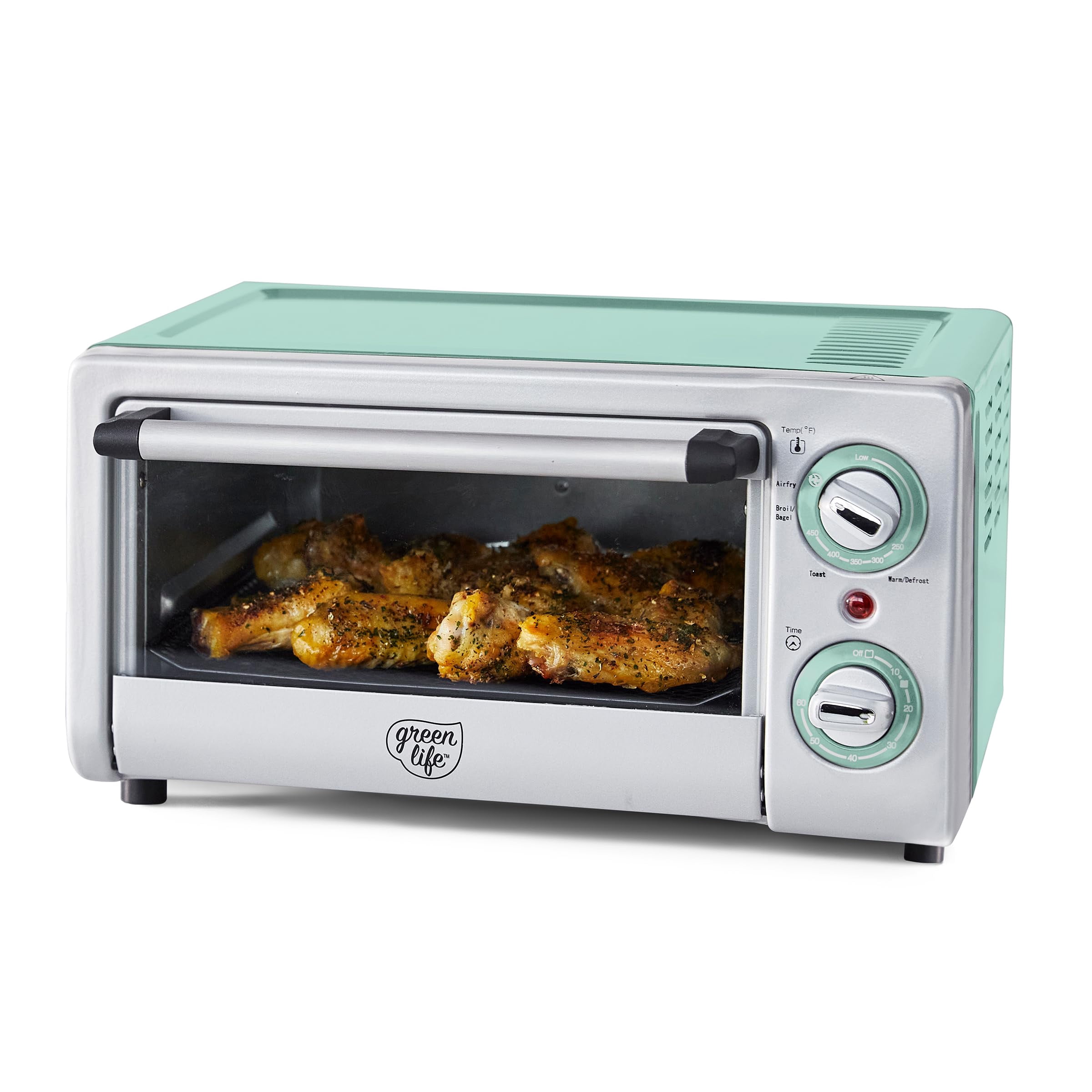 GreenLife Countertop Toaster Oven Air Fryer Stainless Steel, Healthy Ceramic Nonstick, PFAS Free, Tray & Basket, Bake, Broil, Reheat, Adjustable Temp