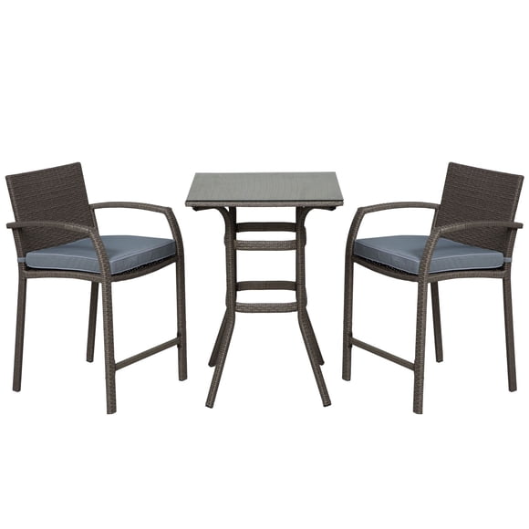 Ensemble de Bar de Patio 3 Pcs, Ensemble Bistro de Jardin en Osier, Mobilier d'Extérieur, Table et Tabourets en Rotin PE avec Coussin de Siège, Gris