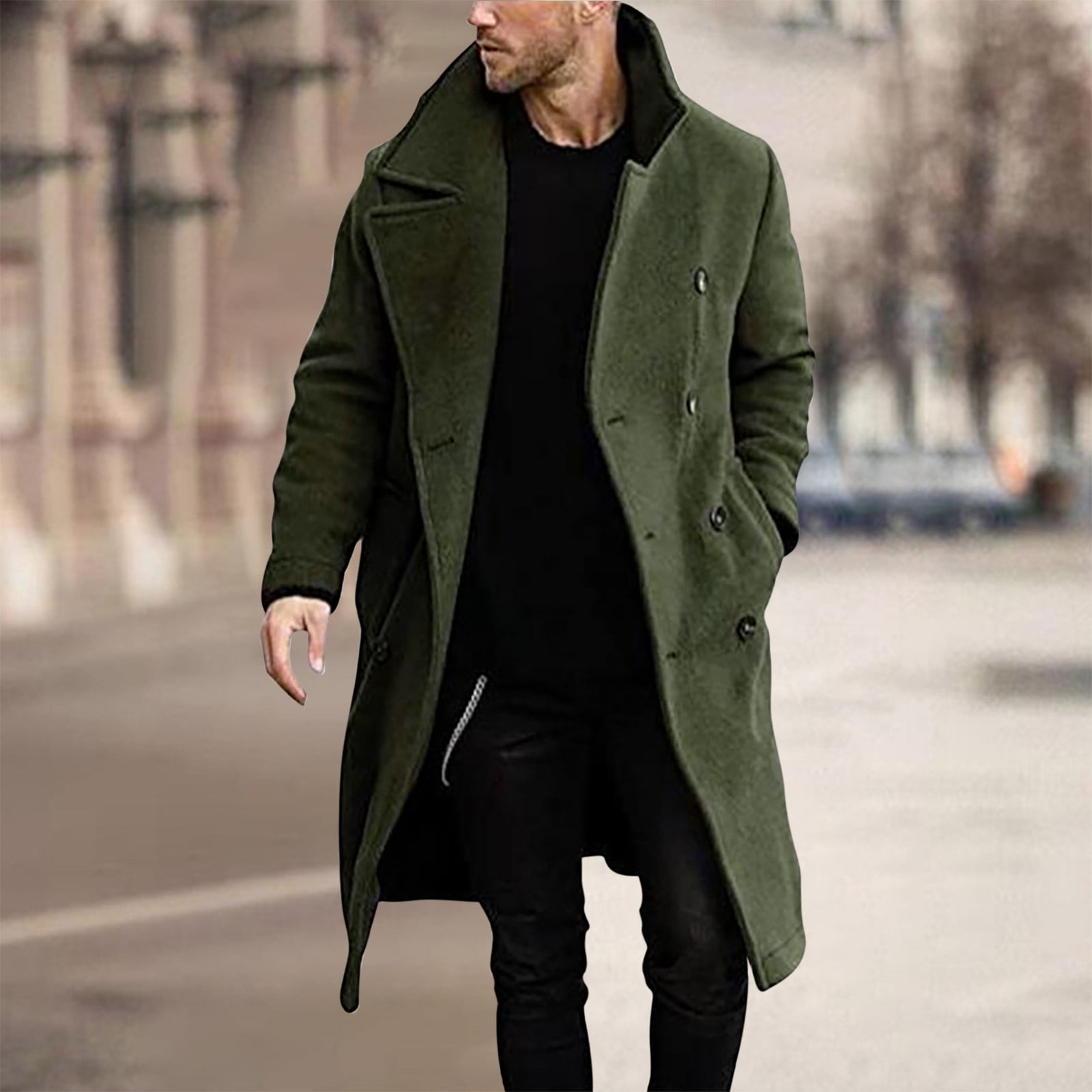 EQWLJWE Mens Trench Coat Full Length Grey Winter Pea Coat Casual