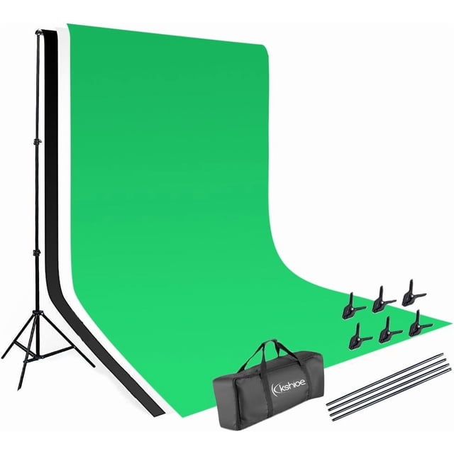 MYKOMI Trousse de Système de Support de Fond 2x3 m + Toile de Fond Non Tissée Verte Noire Blanche + Pinces