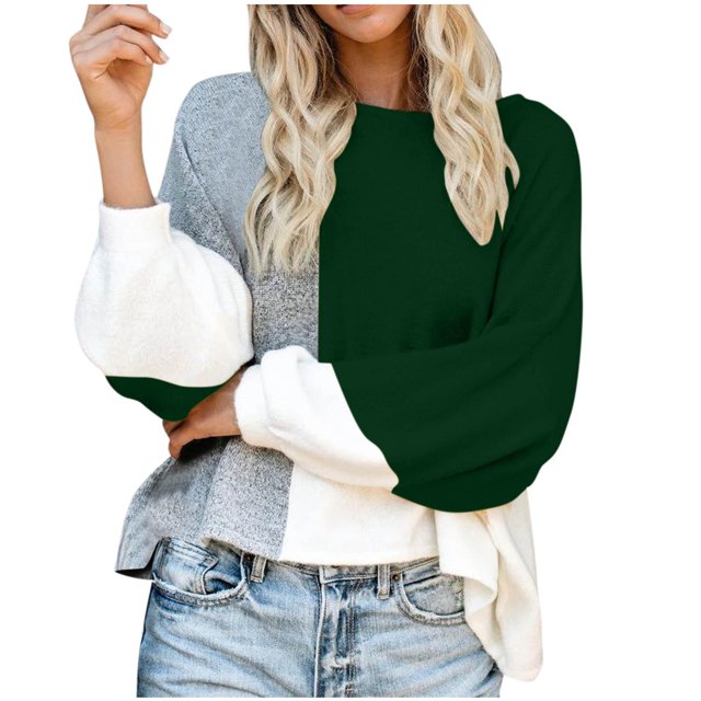 Rbaofujie Chandails pour Filles Chandails pour Femmes Mode Ample Couleurs Unies Chandail Manches Longues Col Rond Haut Vert Chandails à Capuchon d'Automne pour Femmes
