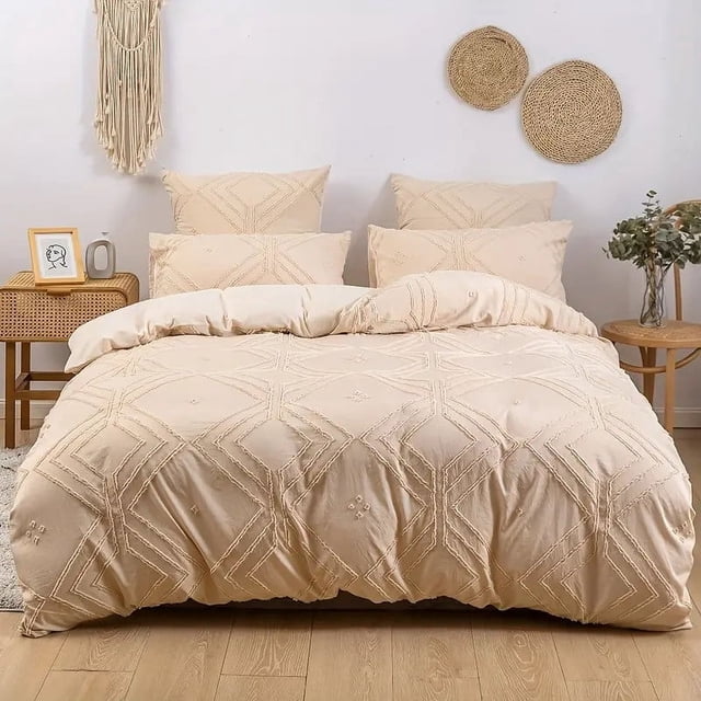Wzzjkit Queen Comforter Set - Bed in a Bag Queen Size 2 PCS, featuring a soft, tufted beige duvet cover with intricate bohemian patterns and matching pillowcases. The bedding set is displayed in a cozy bedroom setting with light wood furniture and decorative wall accents. Made from durable polyester microfiber, this set is designed for all-season comfort and easy care, including machine washability.