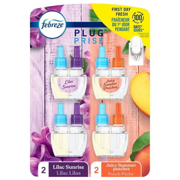 Assainisseur d’air à brancher Febreze, recharge d’huile parfumée qui combat les odeurs, parfum Lilas et pêche, 4 recharges
