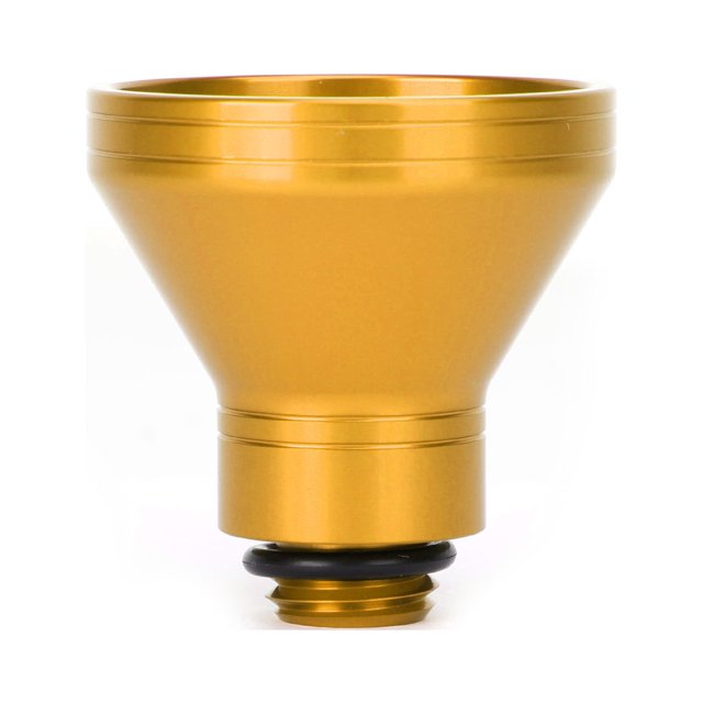 Gold Aluminum Oil Filler Funnel 20mm Universal Oil Catch Drain Motorcycle. Made from CNC billet 6061-T6 aluminum with an anodized finish for durability and UV resistance. Features a 20mm adapter diameter and 59mm funnel diameter, suitable for motorcycles, motorbikes, scooters, and more. Includes a rubber O-ring for secure installation.