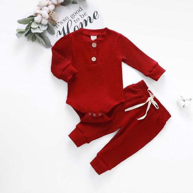 Combinaisons pour Bébés, Boutons Col Rond à Manches Longues Haut + Pantalon Long Élastique