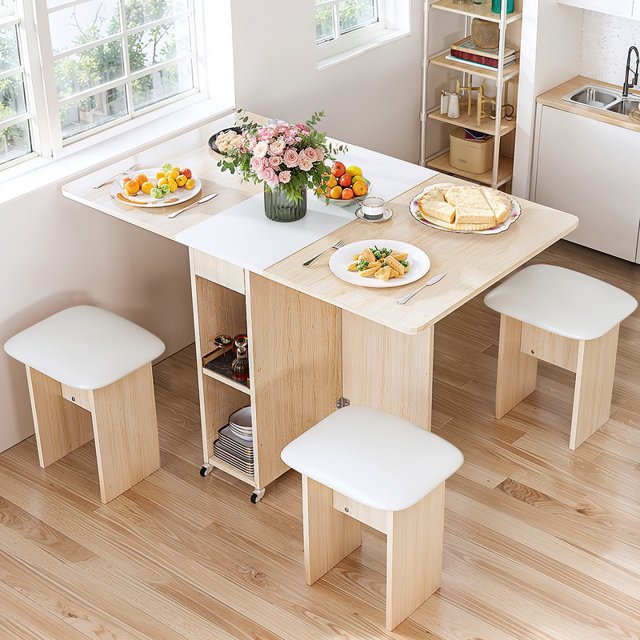 Stmoze Ensemble de Table à Manger Extensible pour 4, Table de Cuisine Pliante Rectangulaire avec Roues et Étagère de Rangement, Table à Manger Pliable avec 4 Tabourets en Cuir, Ensemble de Salle à Manger 5 Pcs pour Petit Espace, Chêne