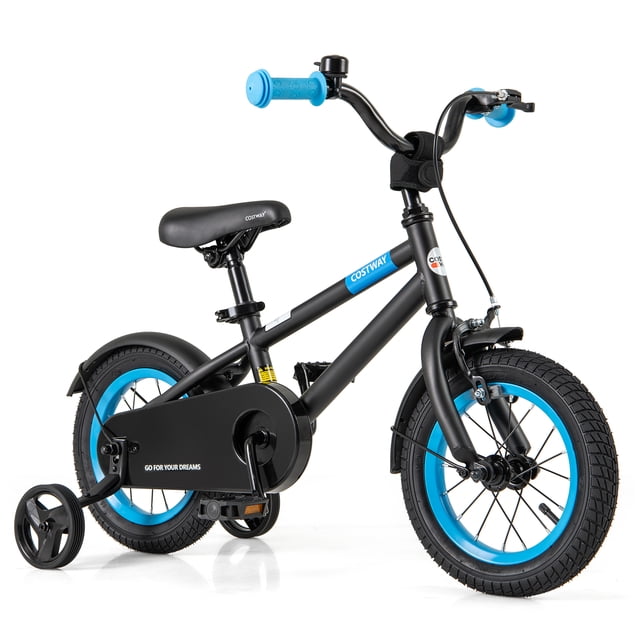 Costway Vélo pour Enfants de 12 Pouces avec Selle et Guidon Ajustables, Roues Stabilisatrices Amovibles, Frein à Main Noir. Ce Vélo pour Enfants Noir et Bleu Présente un Cadre en Acier à Haute Teneur en Carbone durable, Selle et Guidon Ajustables, et Roues Stabilisatrices Amovibles pour les Cyclistes en Croissance. Équipé d'Un Système de Freinage Double, Incluant un Frein à Main avant et un Frein à Rétropédalage Arrière, Il Assure des Arrêts Sécuritaires. le Garde-Chaîne Entièrement Fermé, des Pédales Antidérapantes et des Pneus Tout-Terrain Texturés Offrent une Sécurité et une Stabilité Accrues