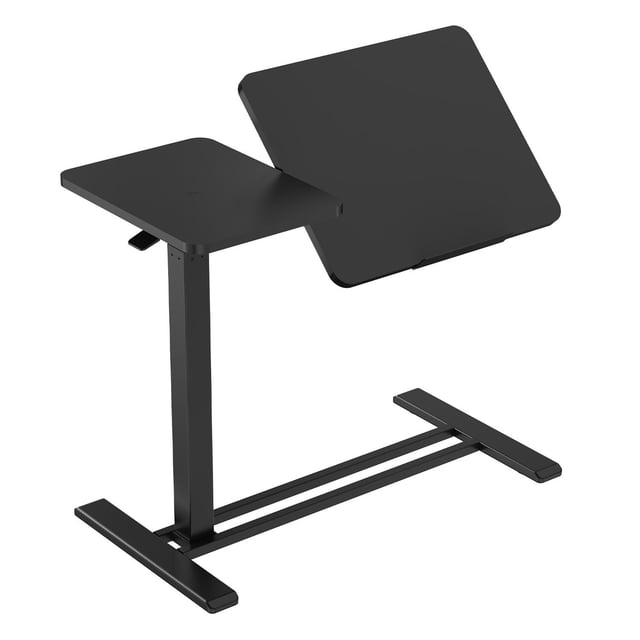 Mobile Overbed Bedside Table with Semi-Flip Tabletop and Hidden Casters, featuring a black particleboard surface and metal frame. The table has a split-surface design with a tilting main panel and a fixed secondary panel. It offers pneumatic height adjustment from 25.7 to 41.5 inches and a ±75° dual-direction flip for versatile positioning. Includes a removable and reversible bookstop, hidden casters for easy movement under beds or sofas, and 5-level flip locking for stability. Ideal for use as a sit-stand desk or rolling laptop desk in home, office, or study settings.