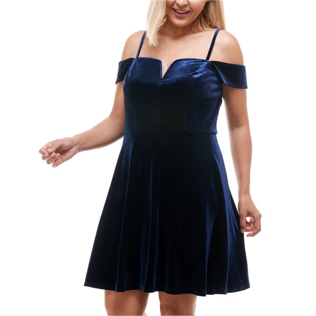 City Studio Robe en Velours pour Femmes, Épaules Dénudées, Bleu, Grande Taille, 22W