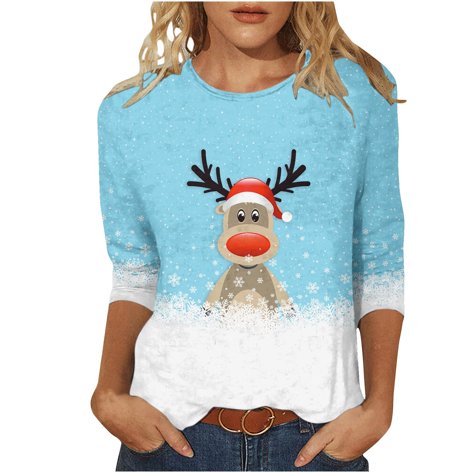 Women's Round Neck Three Quarter Sleeve Christmas Printed Top