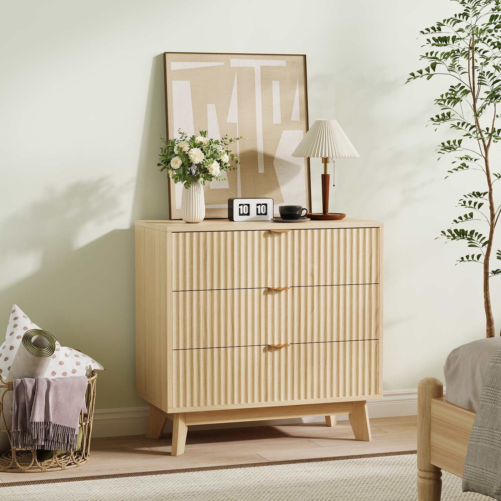 Ourlova Mid-Century Fluted 3-Drawer Dresser Natural Wood Chest of Drawers