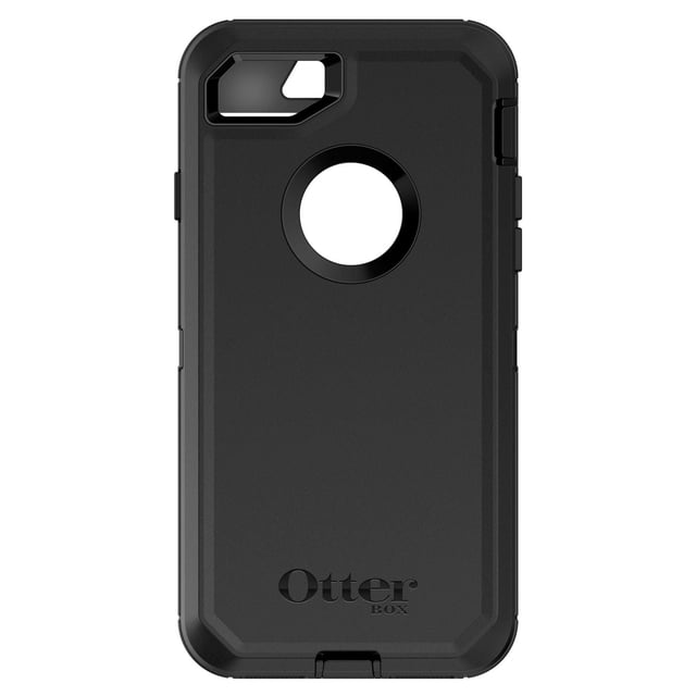 OtterBox Defender Case for iPhone 7 in black featuring a rugged triple-layer design with a hard polycarbonate shell and silicone skin, circular cutout for the Apple logo, and camera opening, providing durable drop and shock protection, also suitable for outdoor device use.